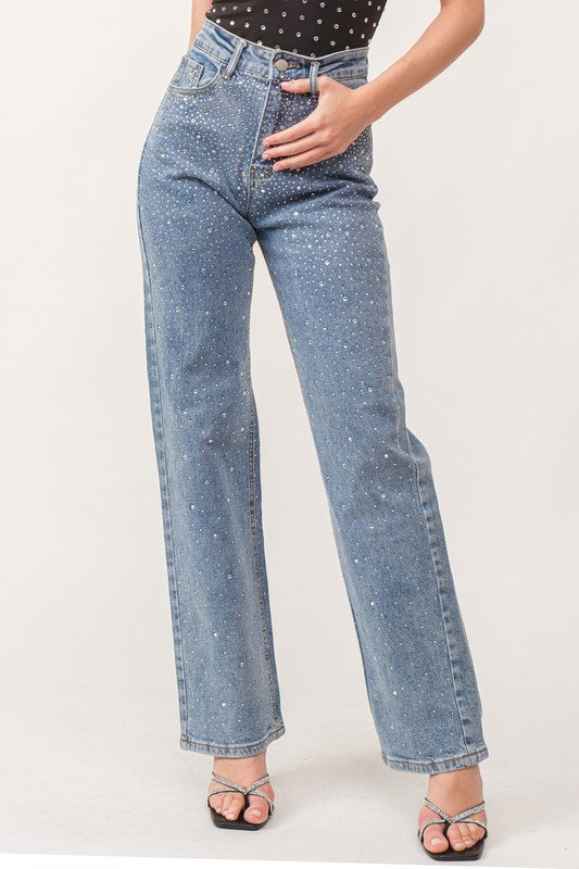 Rhinestone High Rise Denim Pants